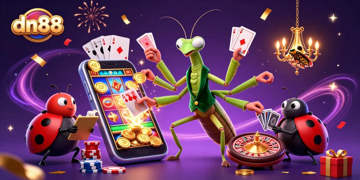 Experience exciting gaming at dn88 with a giant mantis dealer and vibrant casino elements.