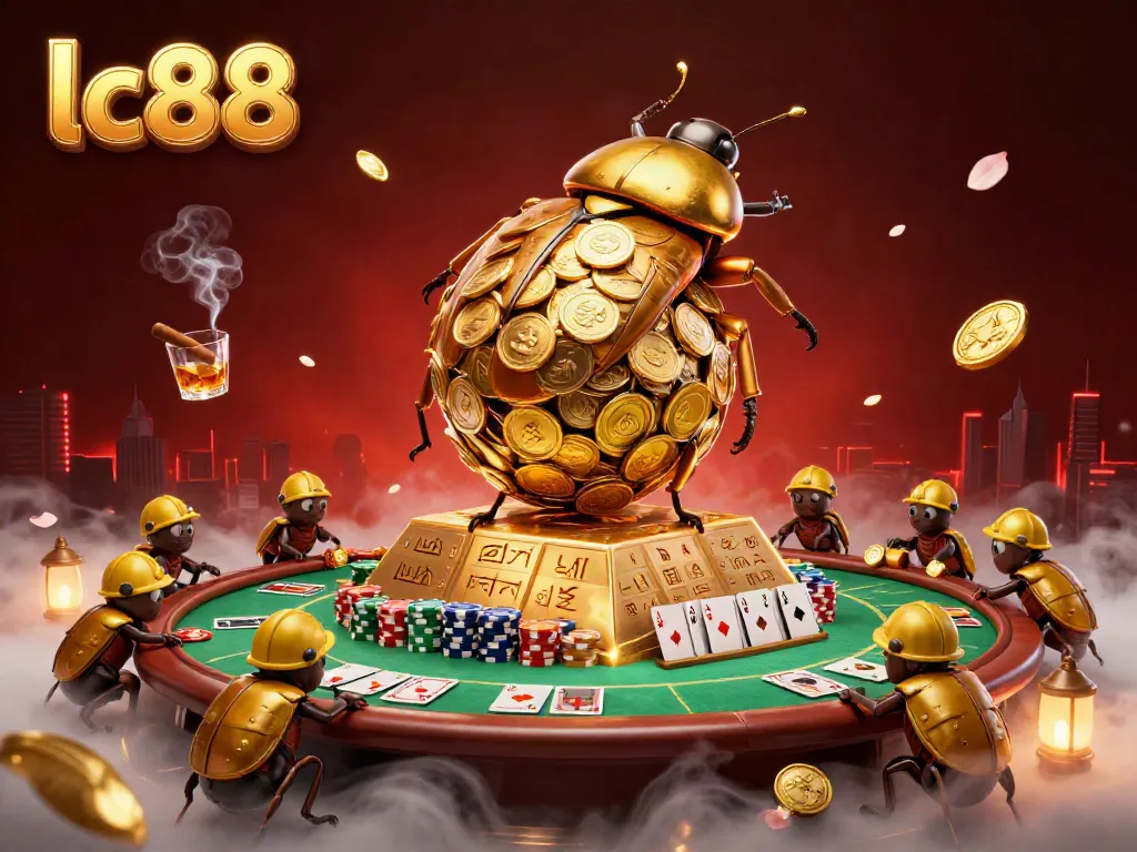 Experience the excitement of lc88 as a golden beetle rolls coins up a pyramid in this dynamic casino scene.