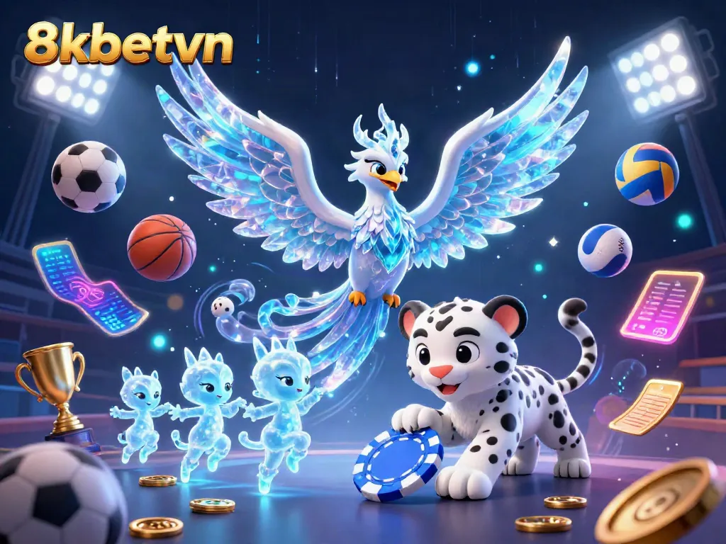 Bet on 8xbetvn with a captivating 3D ice-themed illustration featuring unique characters and casino elements.