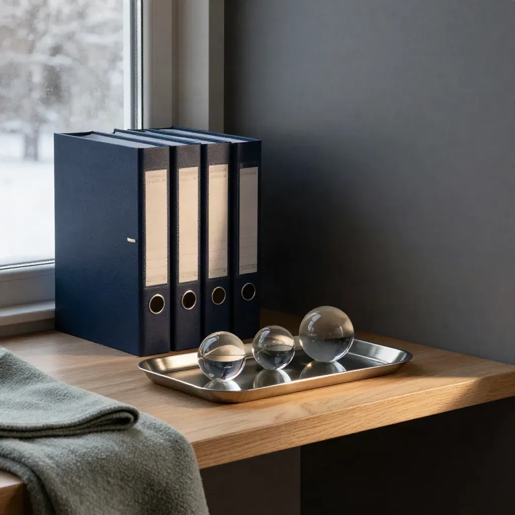 Nordisk investeringshörna med mörkblå pärmar, glaskulor och mjukt vinterljus.