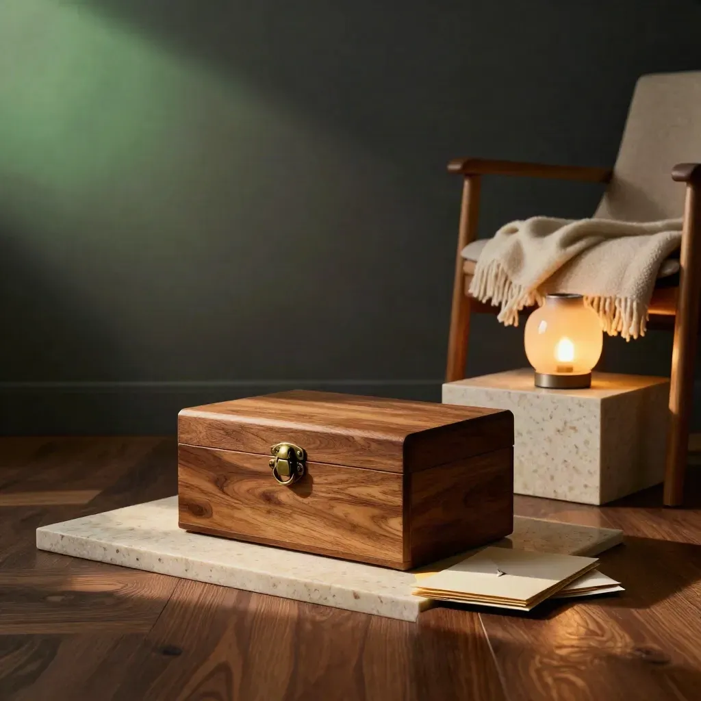 Ekask, ullfilt, keramiklampa och staplade kuvert i varm pensioneringshörna