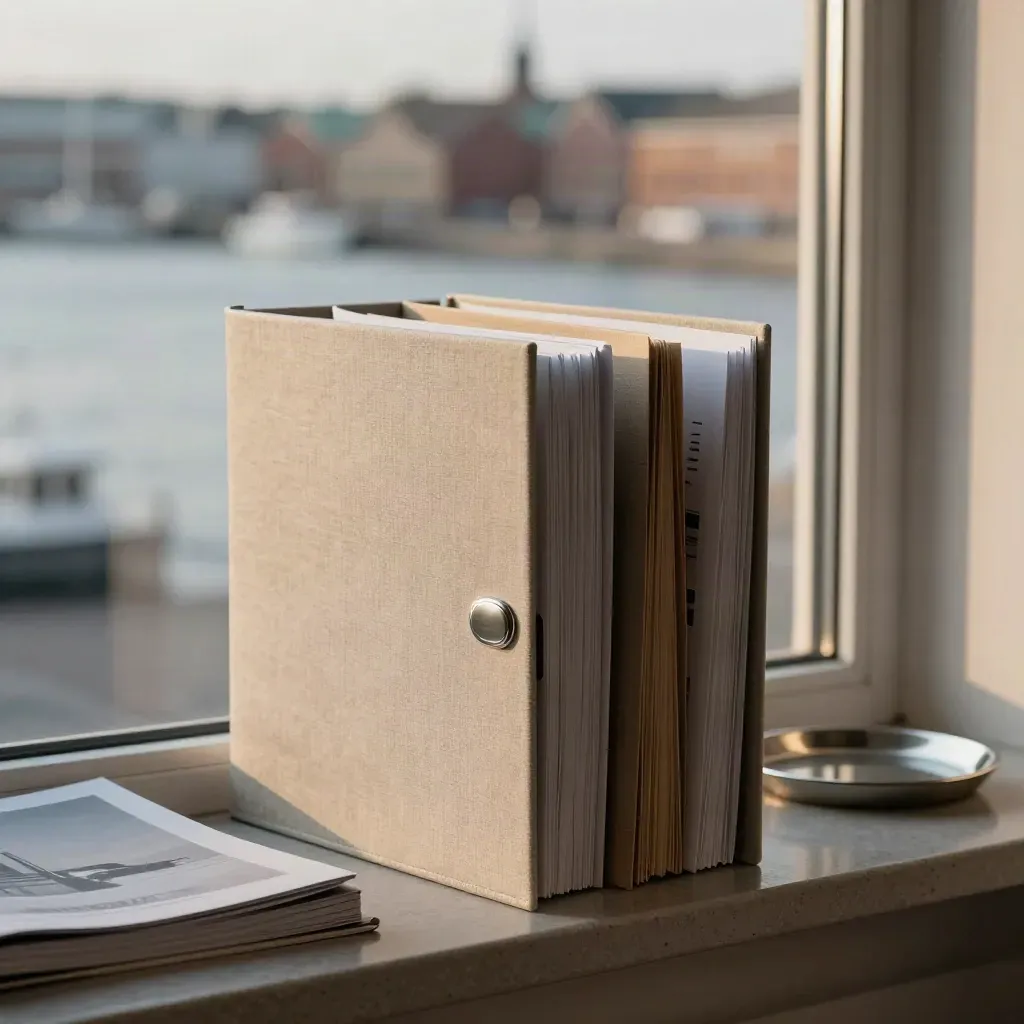Närbild av en slim fondpärm på en fönsterbräda med utsikt mot Göteborgs hamn