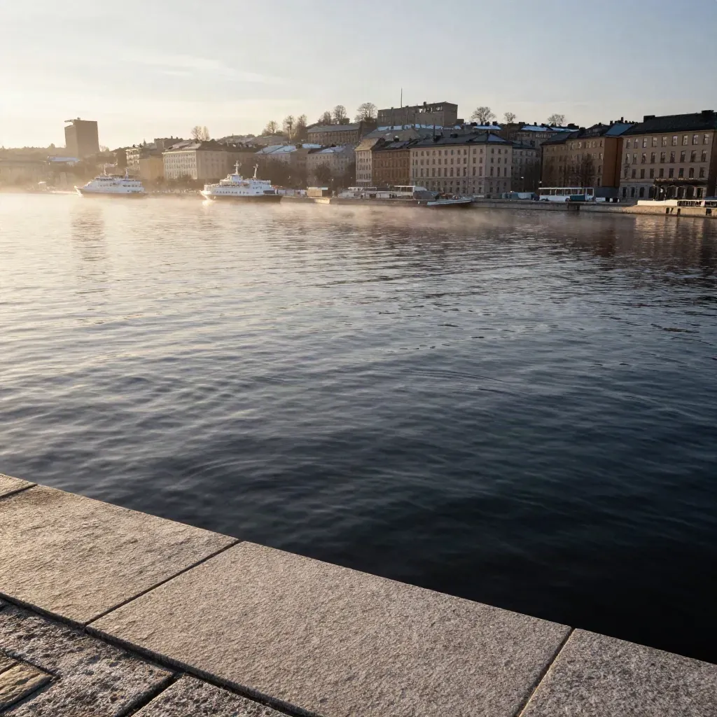 Stockholms vinterkust med mörkt vatten, färjor och stadssiluett högt i lätt dis.