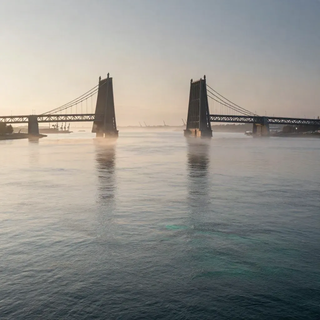 Älvsborgsbron över Göta älv i gyllene kvällsljus med dimmig hamn och lugnt vatten.