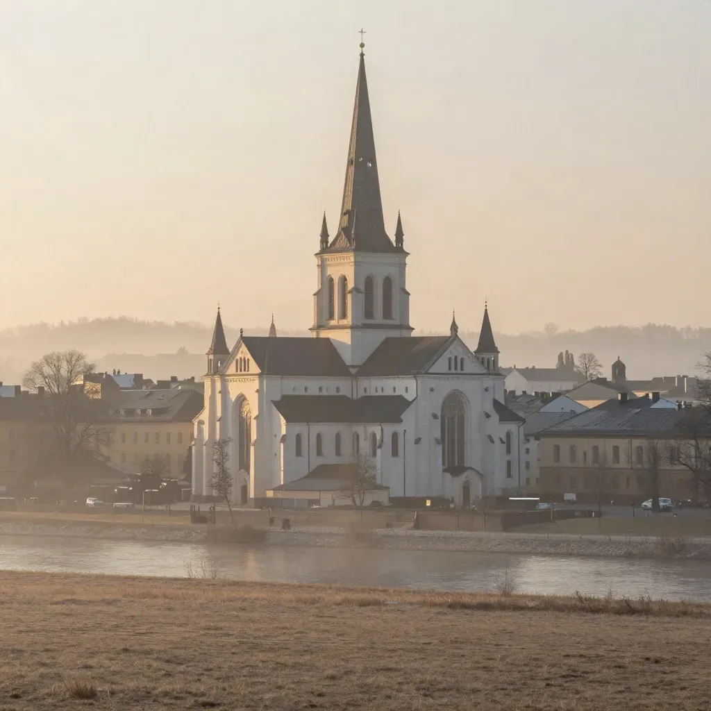 Uppsala domkyrka högt över Mälarlandskapet i mjuk eftermiddagshaze.