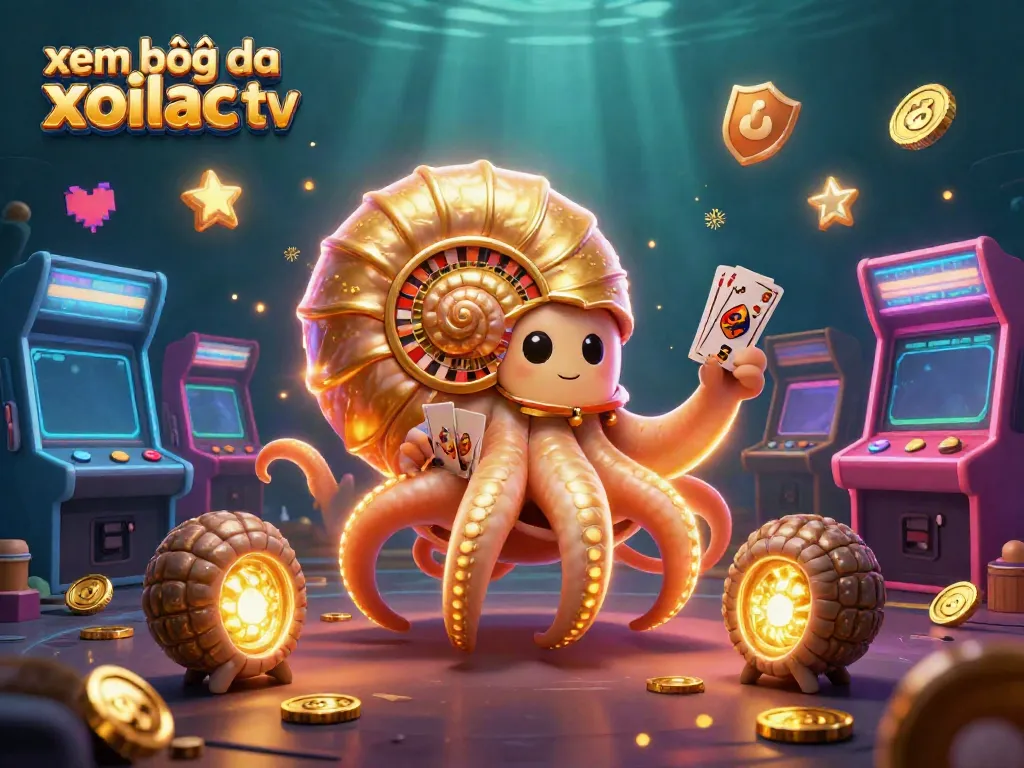 Xem bóng đá xoilac tv scene depicting an ancient nautilus roulette wheel, cards, and glowing game machines.