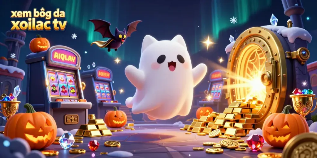 Xem bóng đá Xoilac TV while enjoying a vibrant casino-themed illustration with ghostly characters and treasure.