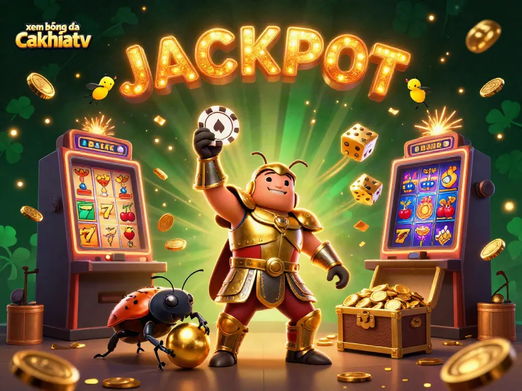 Experience xem bóng đá cakhiatv with exciting 3D visuals featuring beetles, jackpot symbols, and colorful game elements.