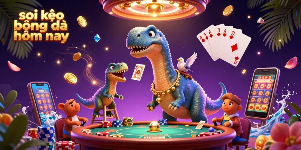 Experience thrilling soi kèo bóng đá hôm nay with engaging characters amidst a vibrant casino scene.