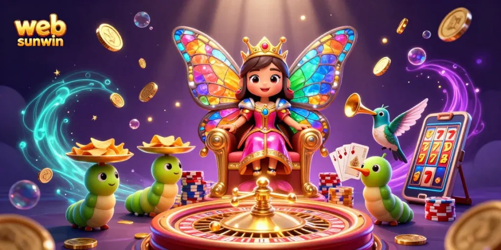 The web sunwin platform dazzles with a vibrant 3D scene featuring a butterfly queen amidst cascading coins and roulette wheels.