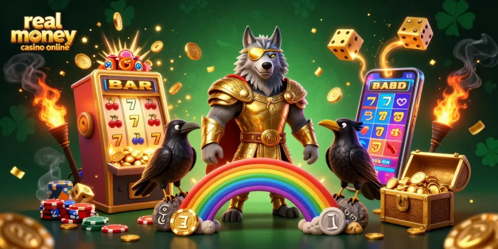 Engage with the real money casino online scene showcasing Odin, ravens, and dynamic casino elements.